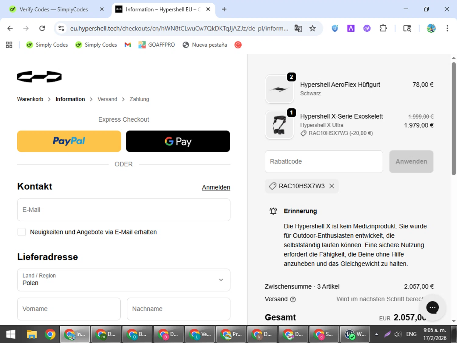 Hypershell promo code screenshot showing code RAC10HSX7W3 applied at Hypershell checkout page. Uploaded by SimplyCodes community member ShrewdSpotter4101 on Feb 17, 2026