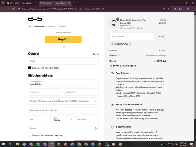 Hypershell checkout page showing Hypershell discount code box | Screenshot taken by SimplyCodes community member on Jul 18, 2025