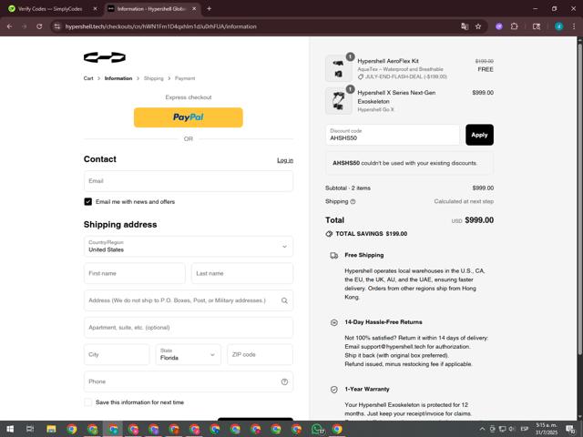 Hypershell checkout page showing Hypershell discount code box | Screenshot taken by SimplyCodes community member on Jul 31, 2025