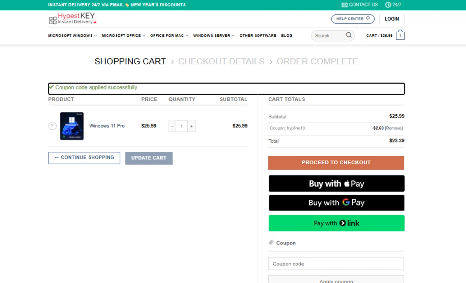 Hypest Key promo code screenshot showing code hypfine10 applied at Hypest Key checkout page. Uploaded by SimplyCodes community member alfock22 on Jun 11, 2025