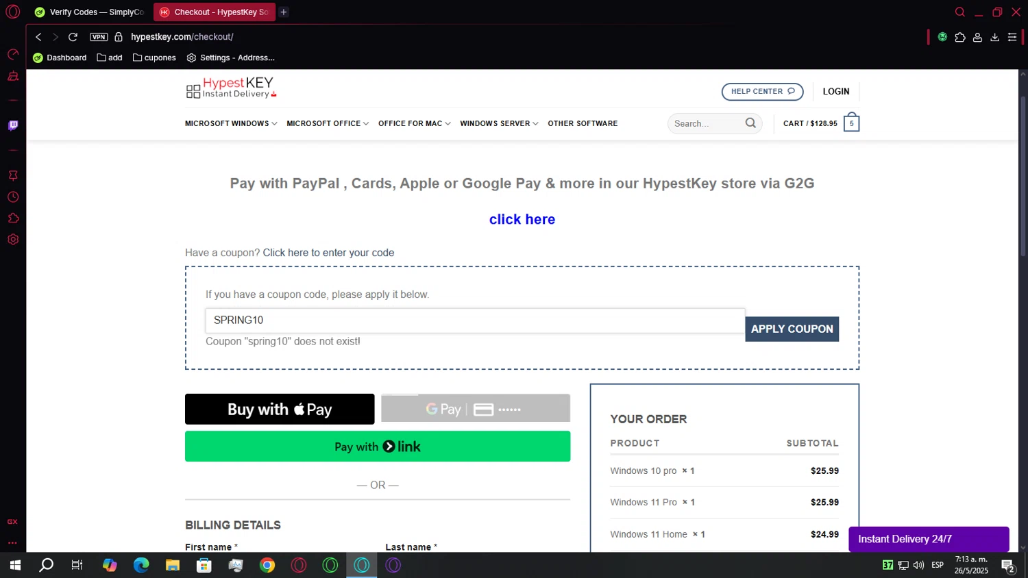 Hypest Key promo code screenshot showing code SPRING10 applied at Hypest Key checkout page. Uploaded by SimplyCodes community member Mortek on May 26, 2025