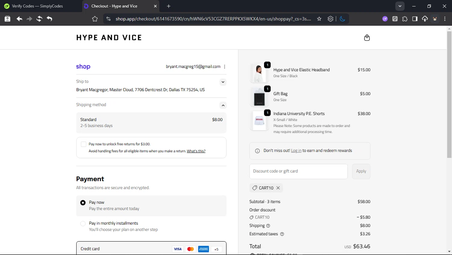 Hype & Vice promo code screenshot showing code CART10 applied at Hype & Vice checkout page. Uploaded by SimplyCodes community member BudgetCollector3125 on Dec 19, 2025
