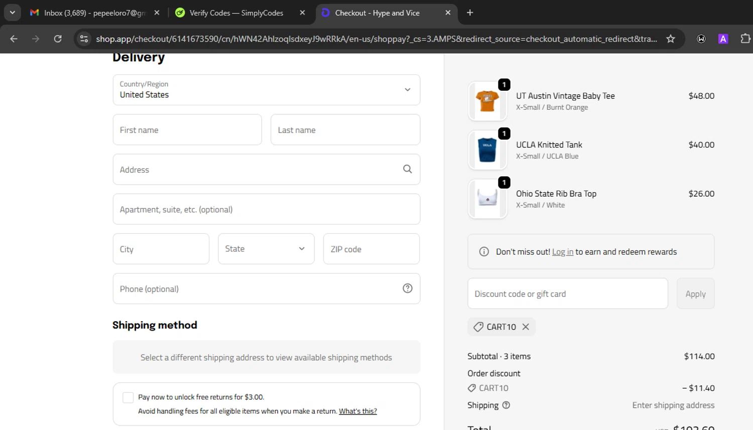 Hype & Vice promo code screenshot showing code CART10 applied at Hype & Vice checkout page. Uploaded by SimplyCodes community member Eminem on Oct 12, 2025