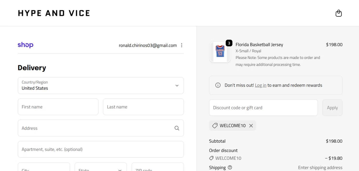 Hype & Vice checkout page showing Hype & Vice promo code box | Screenshot taken by SimplyCodes community member on Feb 2, 2026