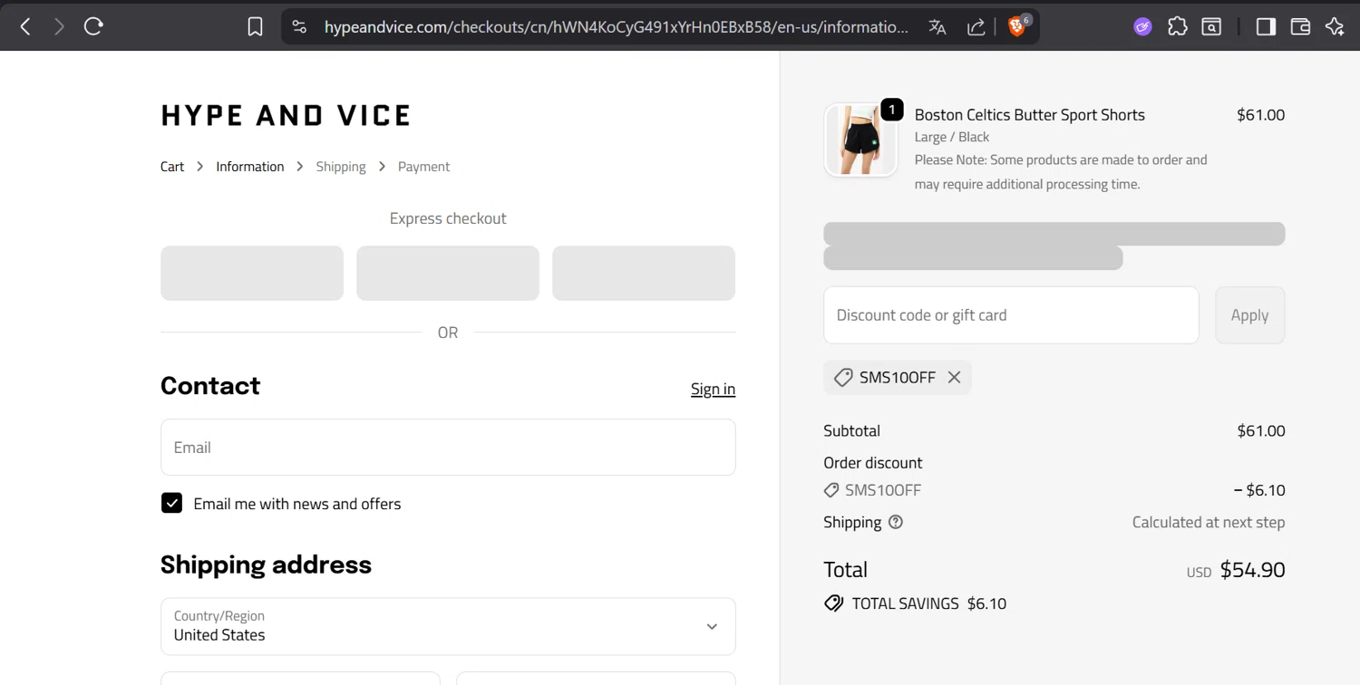 Hype & Vice promo code screenshot showing code SMS10OFF applied at Hype & Vice checkout page. Uploaded by SimplyCodes community member CoinOwl5103 on Oct 20, 2025