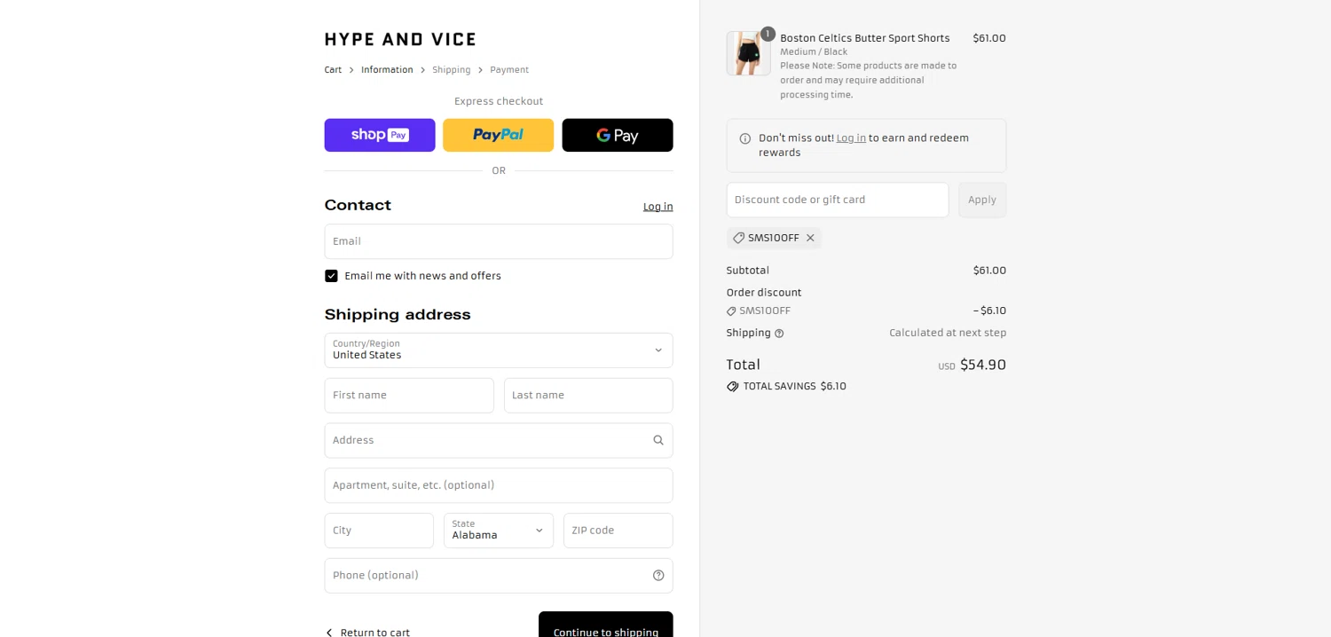 Hype & Vice promo code screenshot showing code SMS10OFF applied at Hype & Vice checkout page. Uploaded by SimplyCodes community member Dorothy on Aug 8, 2025