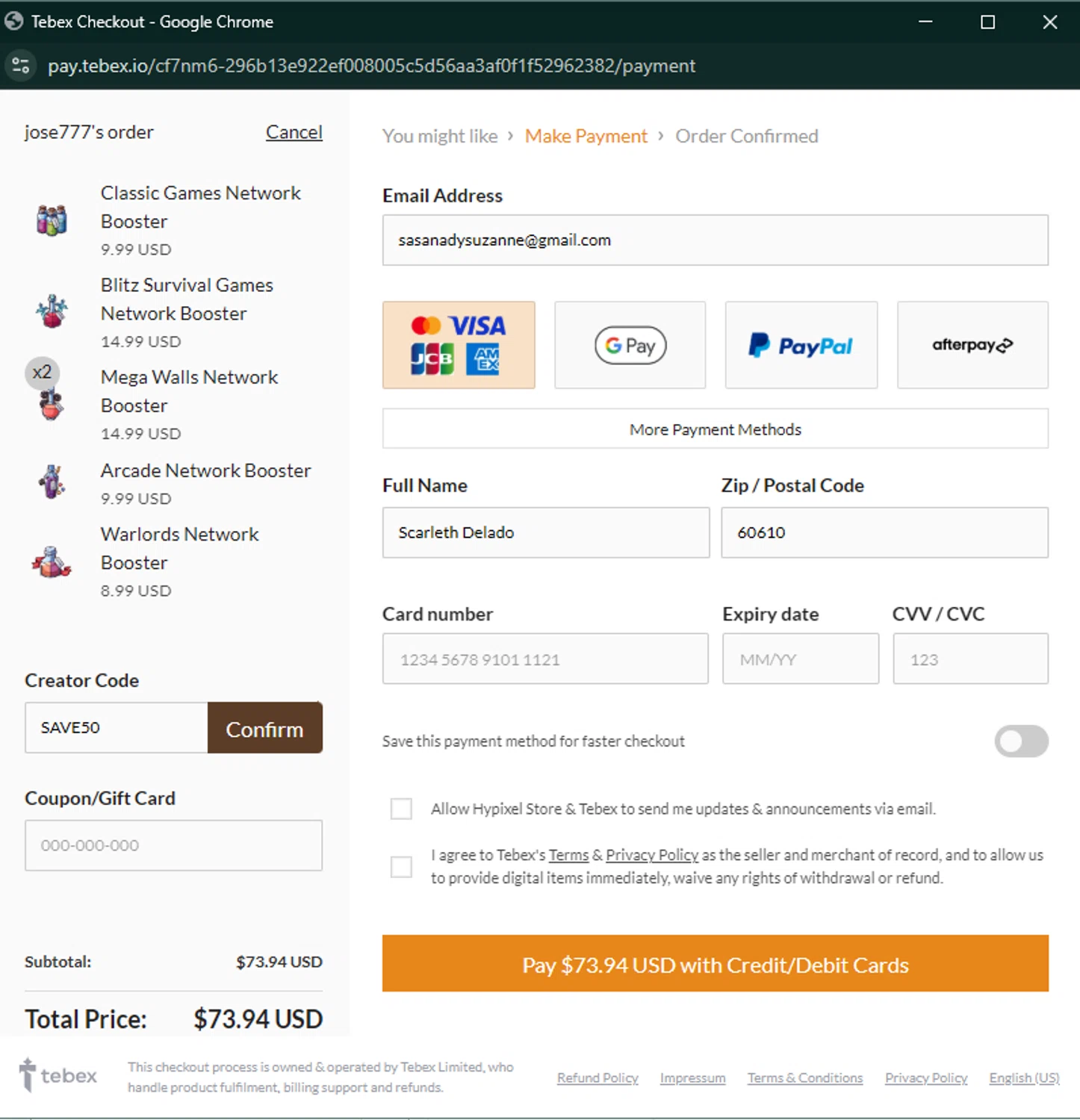 Hypixel discount code screenshot showing code SAVE50 applied at Hypixel checkout page. Uploaded by SimplyCodes community member Keilynkeyonshea on Mar 11, 2025