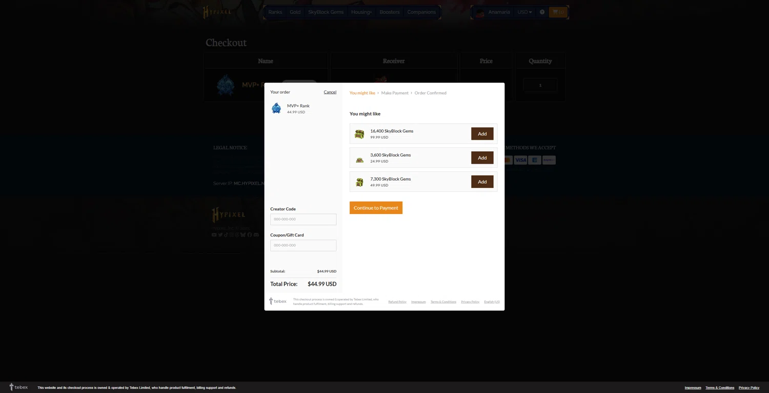 Hypixel discount code screenshot showing code SAVE50 applied at Hypixel checkout page. Uploaded by SimplyCodes community member Lorencia on Mar 11, 2025