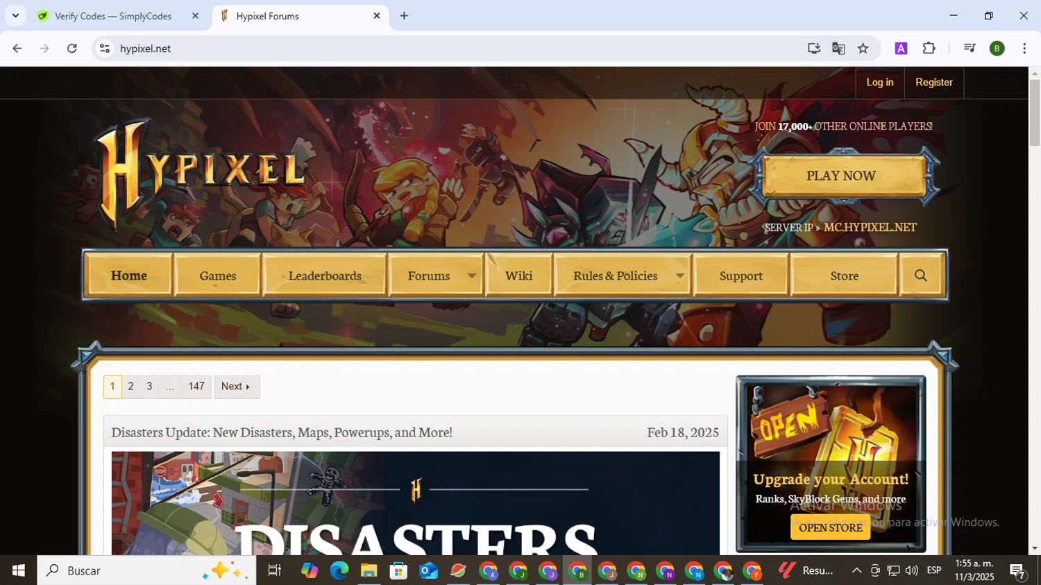 Hypixel discount code screenshot showing code SAVE50 applied at Hypixel checkout page. Uploaded by SimplyCodes community member SaleVirtuoso5993 on Mar 11, 2025