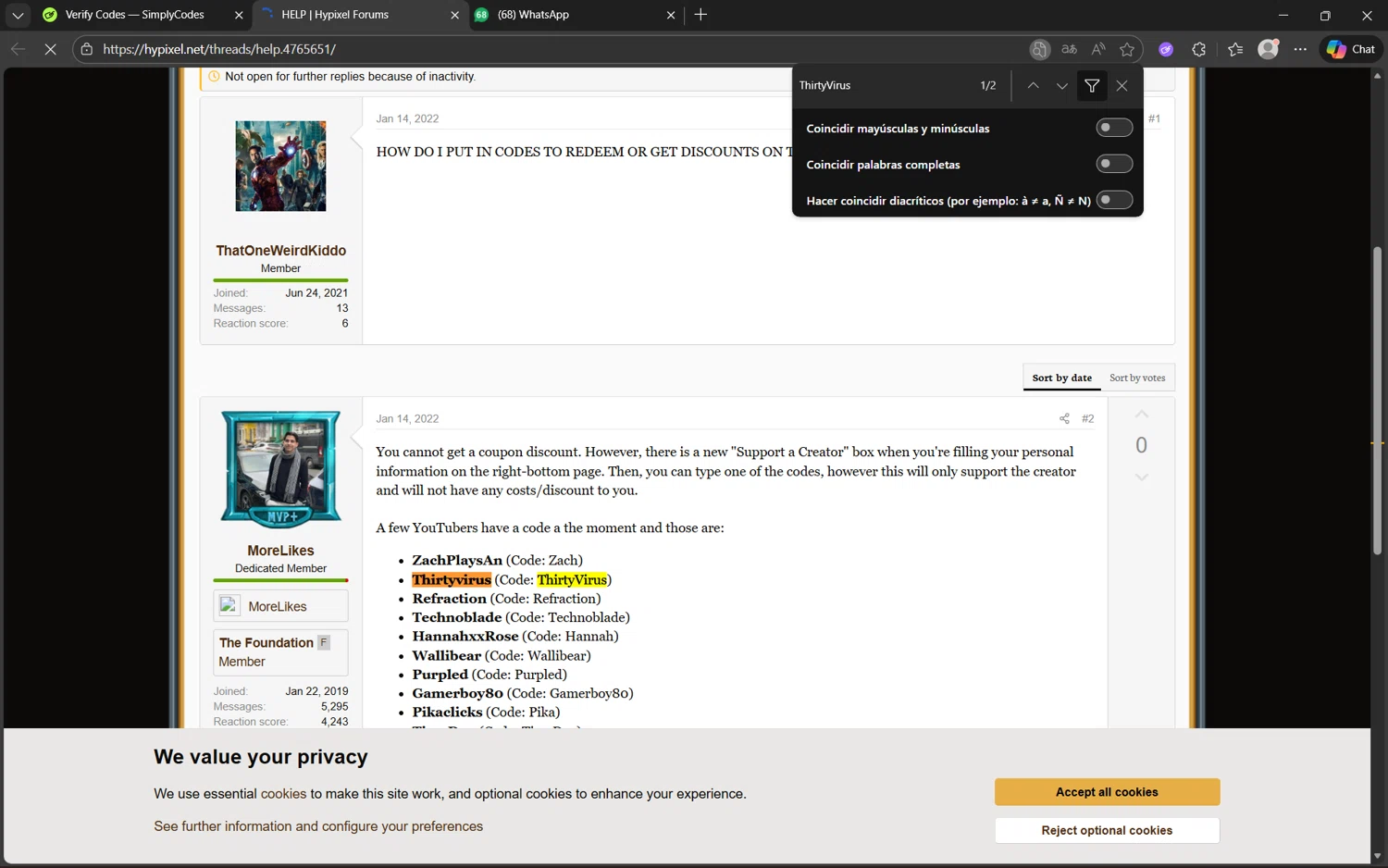 Hypixel discount code screenshot showing code ThirtyVirus applied at Hypixel checkout page. Uploaded by SimplyCodes community member juanx1702 on Dec 3, 2025