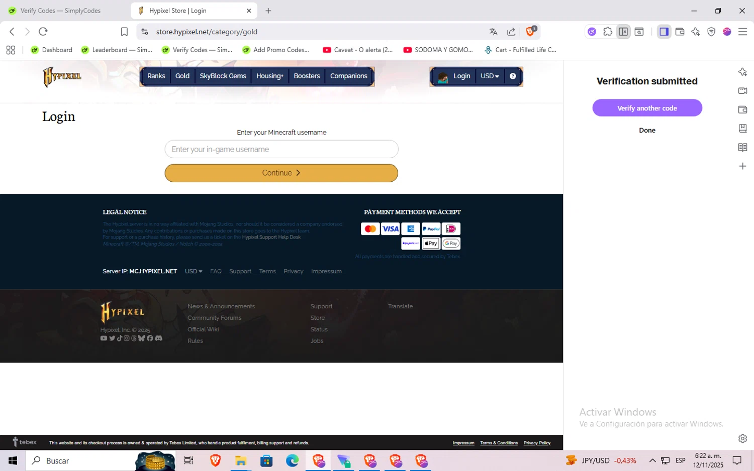 Hypixel discount code screenshot showing code TimeDeo applied at Hypixel checkout page. Uploaded by SimplyCodes community member Rayyyyyy on Nov 12, 2025