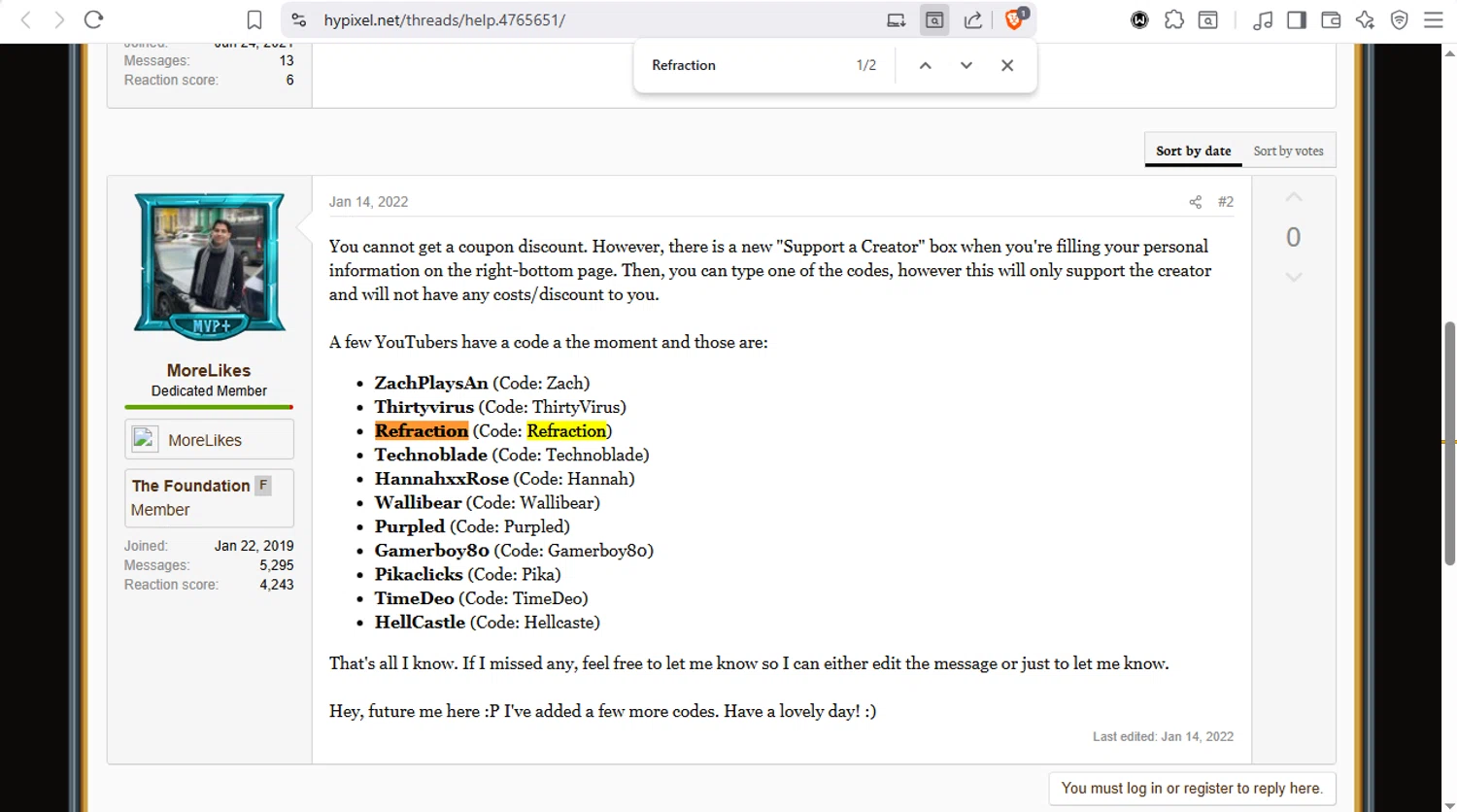 Hypixel discount code screenshot showing code Refraction applied at Hypixel checkout page. Uploaded by SimplyCodes community member dayselis15 on Dec 3, 2025