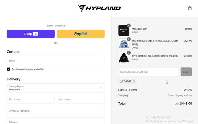 Hypland checkout page showing Hypland discount code box | Screenshot taken by SimplyCodes community member on Jun 15, 2025