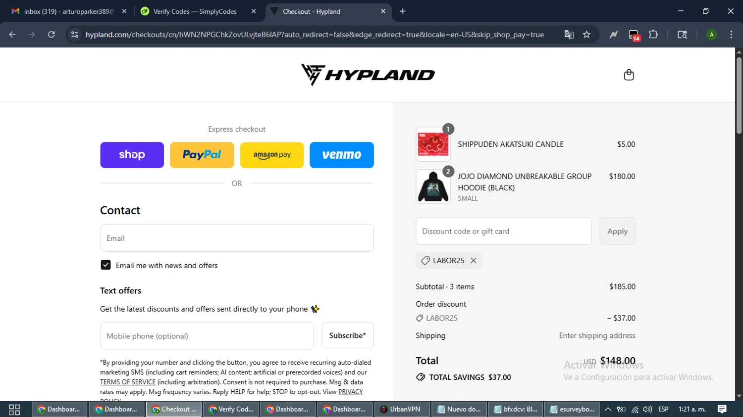 Hypland promo code screenshot showing code LABOR25 applied at Hypland checkout page. Uploaded by SimplyCodes community member CashLynx5338 on Aug 29, 2025