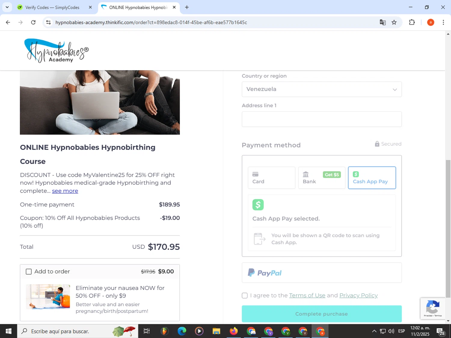 Hypnobabies Store promo code screenshot showing code hypno1528 applied at Hypnobabies Store checkout page. Uploaded by SimplyCodes community member partenalgas on Feb 11, 2025