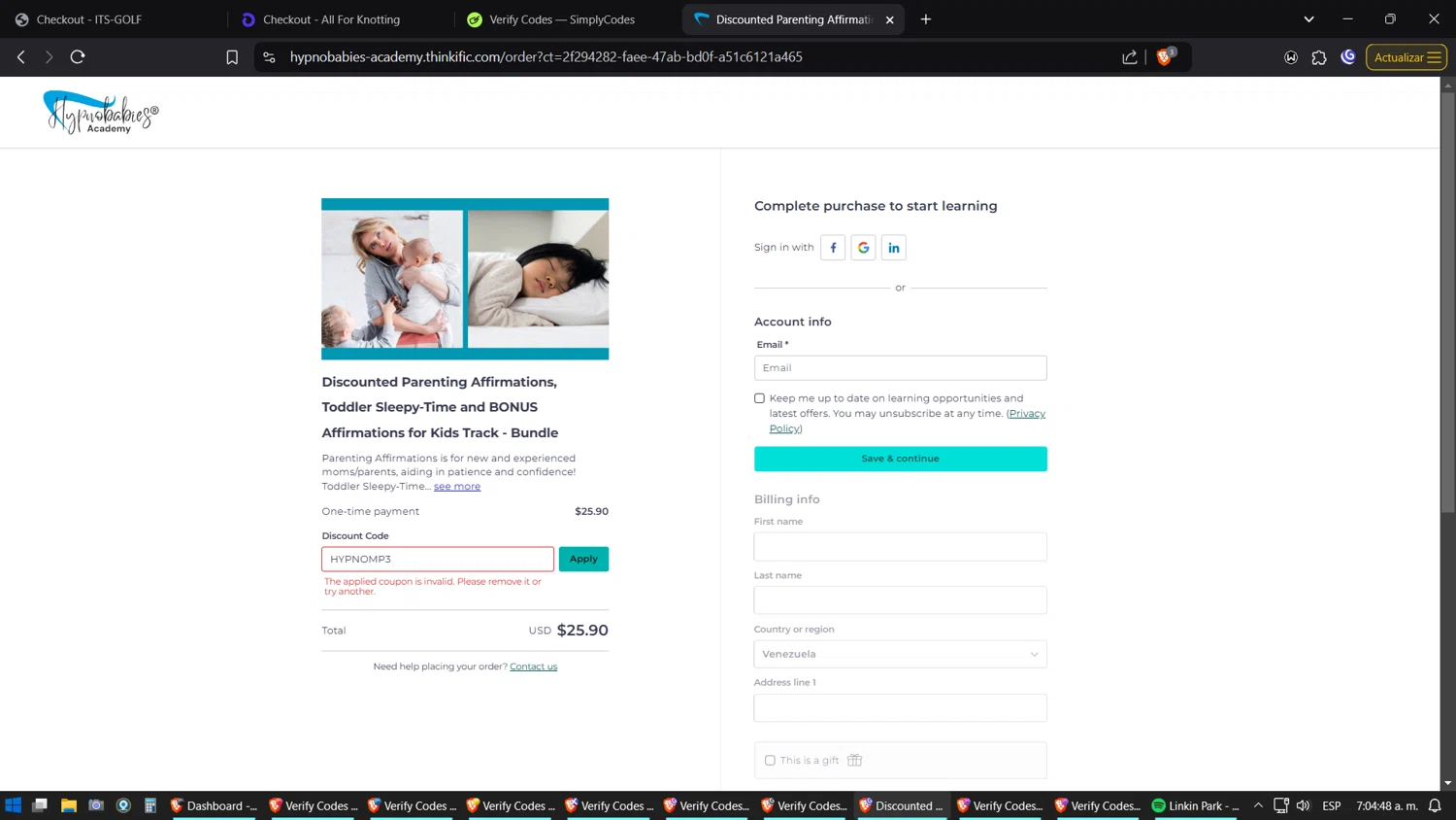 Hypnobabies Store promo code screenshot showing code HYPNOMP3 applied at Hypnobabies Store checkout page. Uploaded by SimplyCodes community member Amidamaru on Jan 13, 2025