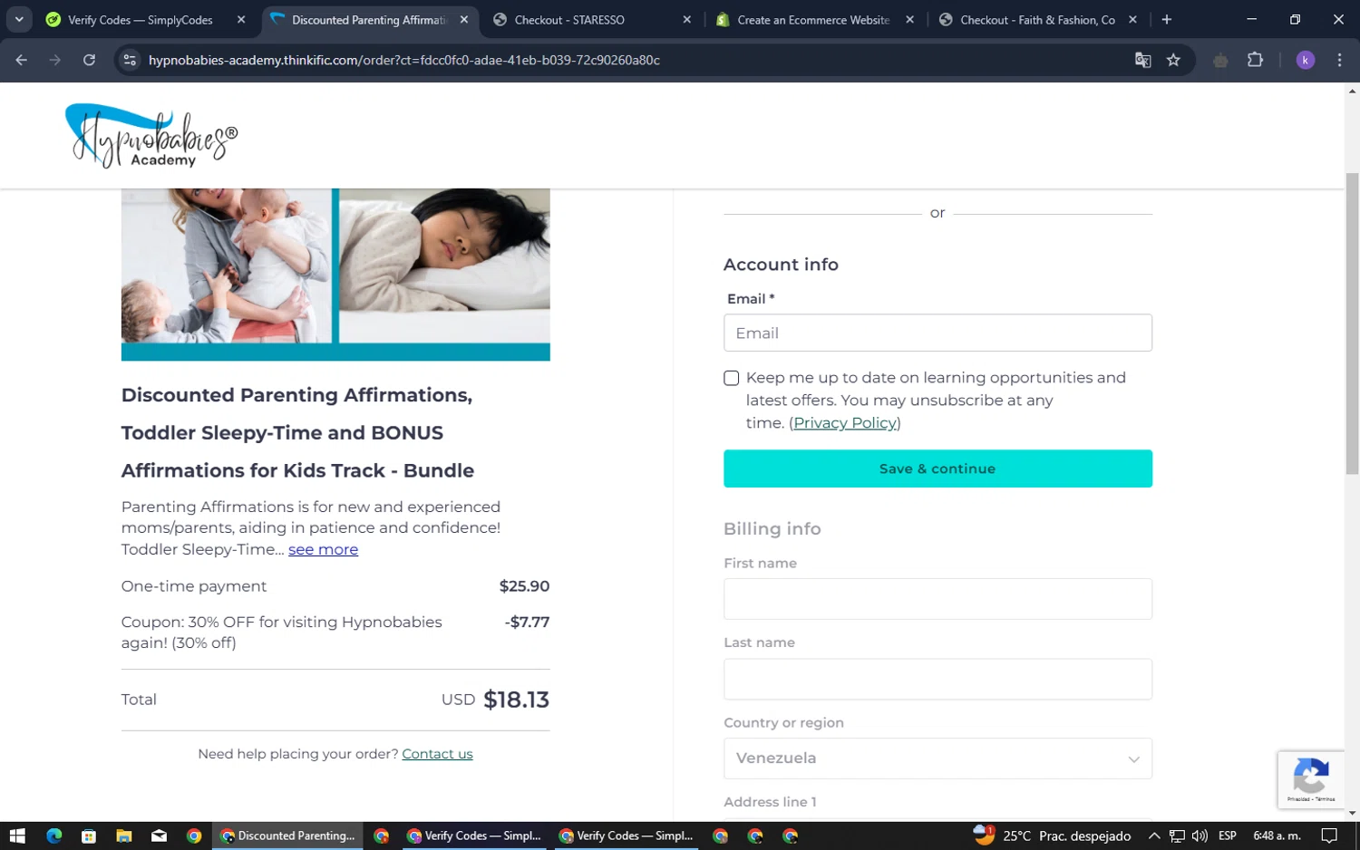 Hypnobabies Store checkout page showing Hypnobabies Store promo code box | Screenshot taken by SimplyCodes community member on Feb 14, 2025
