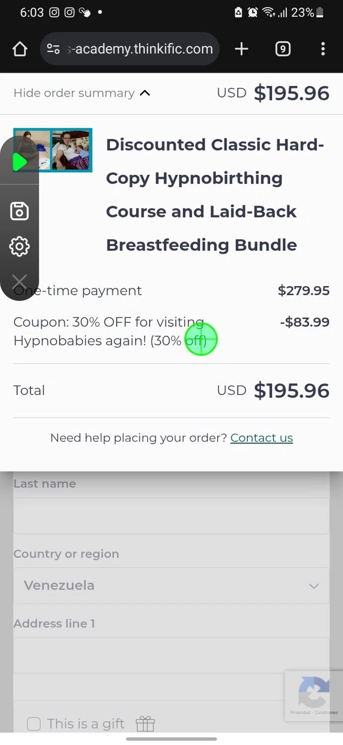 Hypnobabies Store promo code screenshot showing code My30-OFF applied at Hypnobabies Store checkout page. Uploaded by SimplyCodes community member miguelcrast on May 12, 2025