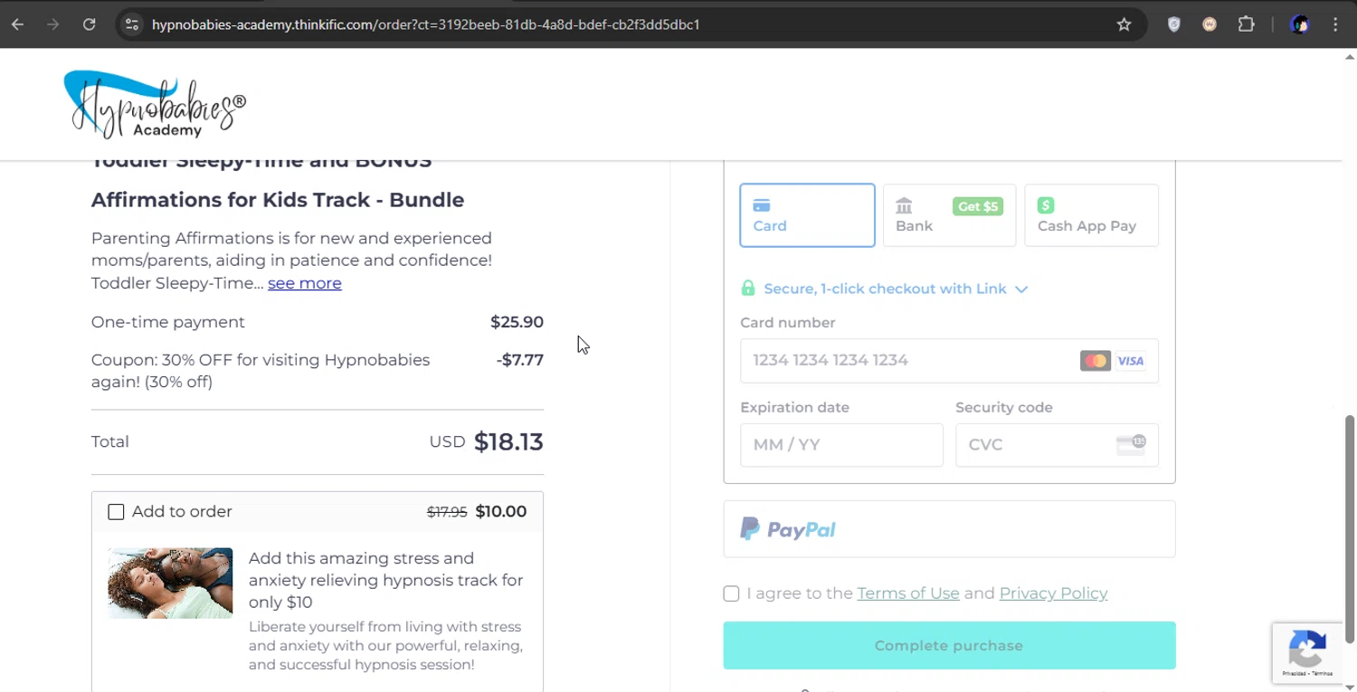 Hypnobabies Store checkout page showing Hypnobabies Store promo code box | Screenshot taken by SimplyCodes community member on Mar 15, 2025