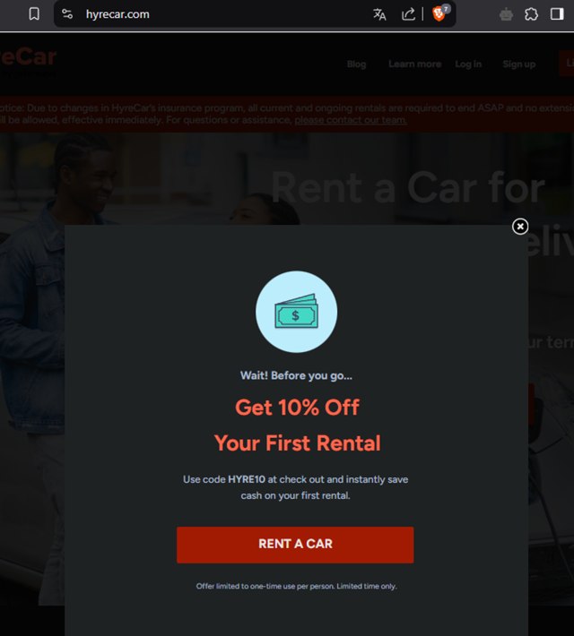 HyreCar checkout page showing HyreCar promo code box | Screenshot taken by SimplyCodes community member on Feb 7, 2025