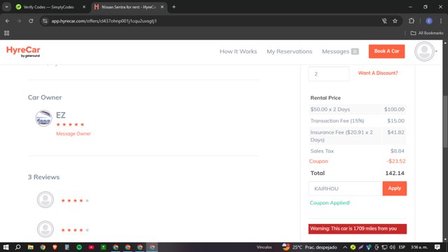 HyreCar checkout page showing HyreCar promo code box | Screenshot taken by SimplyCodes community member on Jan 16, 2025