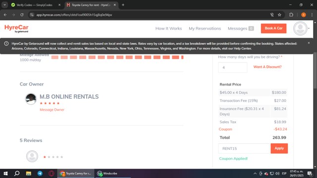 HyreCar checkout page showing HyreCar promo code box | Screenshot taken by SimplyCodes community member on Jan 26, 2025