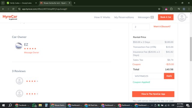 HyreCar checkout page showing HyreCar promo code box | Screenshot taken by SimplyCodes community member on Feb 4, 2025