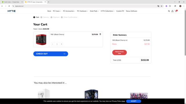HYTE checkout page showing HYTE promo code box | Screenshot taken by SimplyCodes community member on Sep 4, 2025