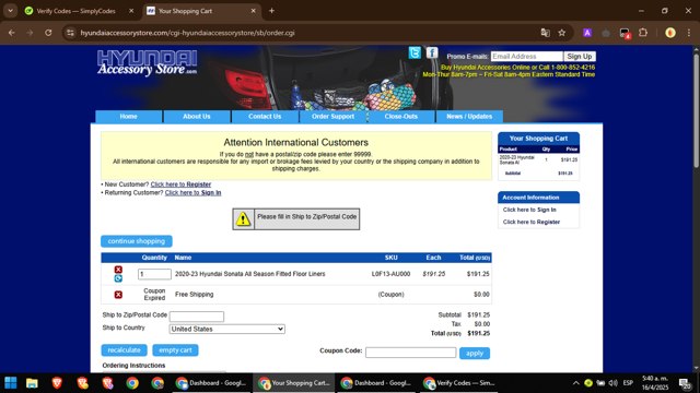 Hyundai Accessory Store checkout page showing Hyundai Accessory Store coupon code box | Screenshot taken by SimplyCodes community member on Apr 16, 2025