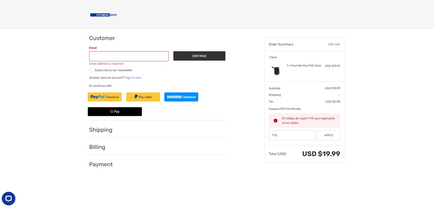 Hyundai Shop coupon code screenshot showing code TY5 applied at Hyundai Shop checkout page. Uploaded by SimplyCodes community member CrownTiger6508 on Dec 24, 2025