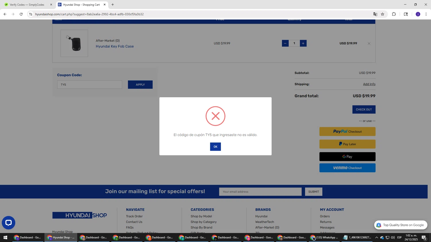 Hyundai Shop coupon code screenshot showing code TY5 applied at Hyundai Shop checkout page. Uploaded by SimplyCodes community member simplycodesssss on Dec 24, 2025