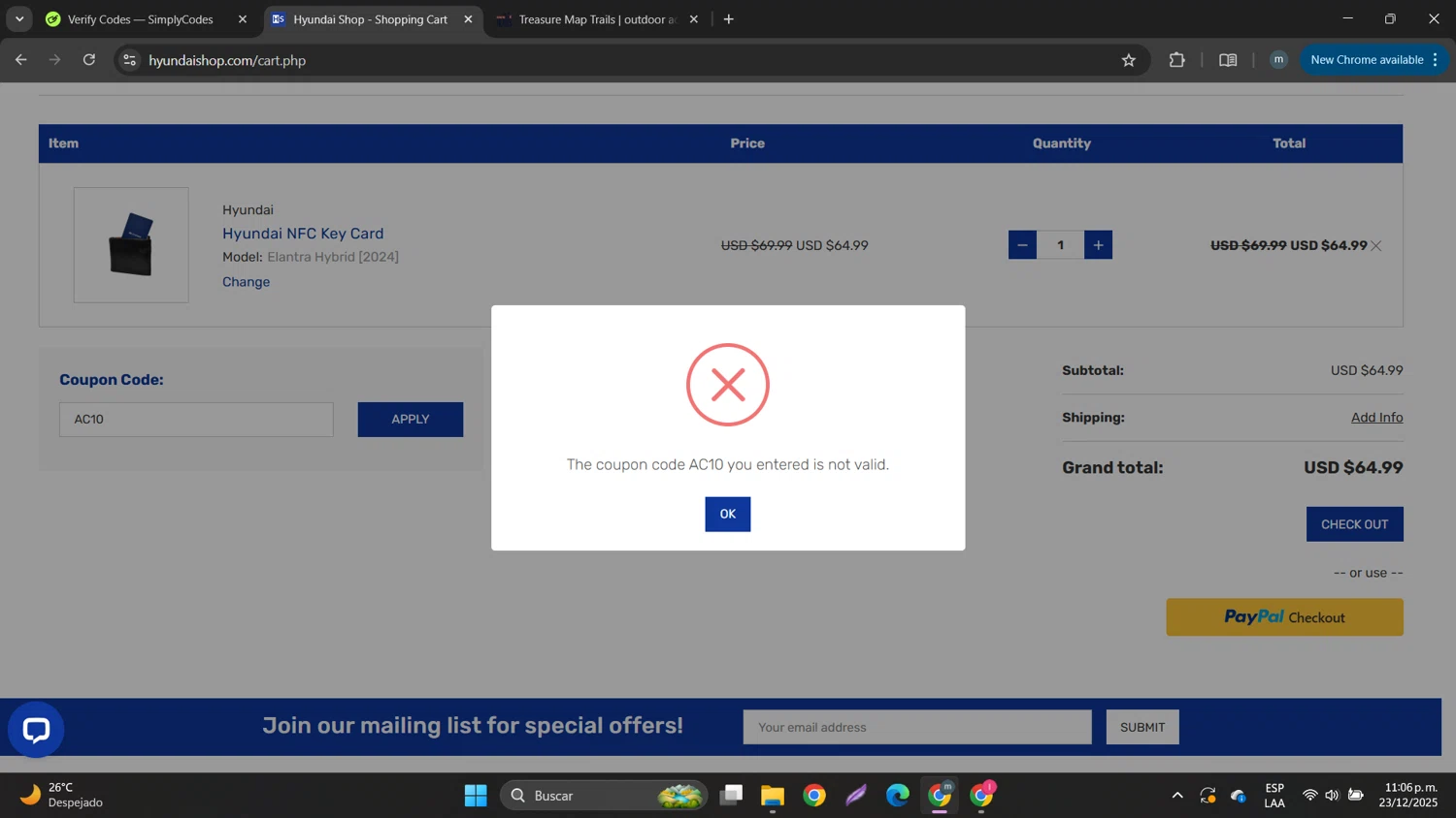 Hyundai Shop coupon code screenshot showing code AC10 applied at Hyundai Shop checkout page. Uploaded by SimplyCodes community member DTBERA2024 on Dec 24, 2025