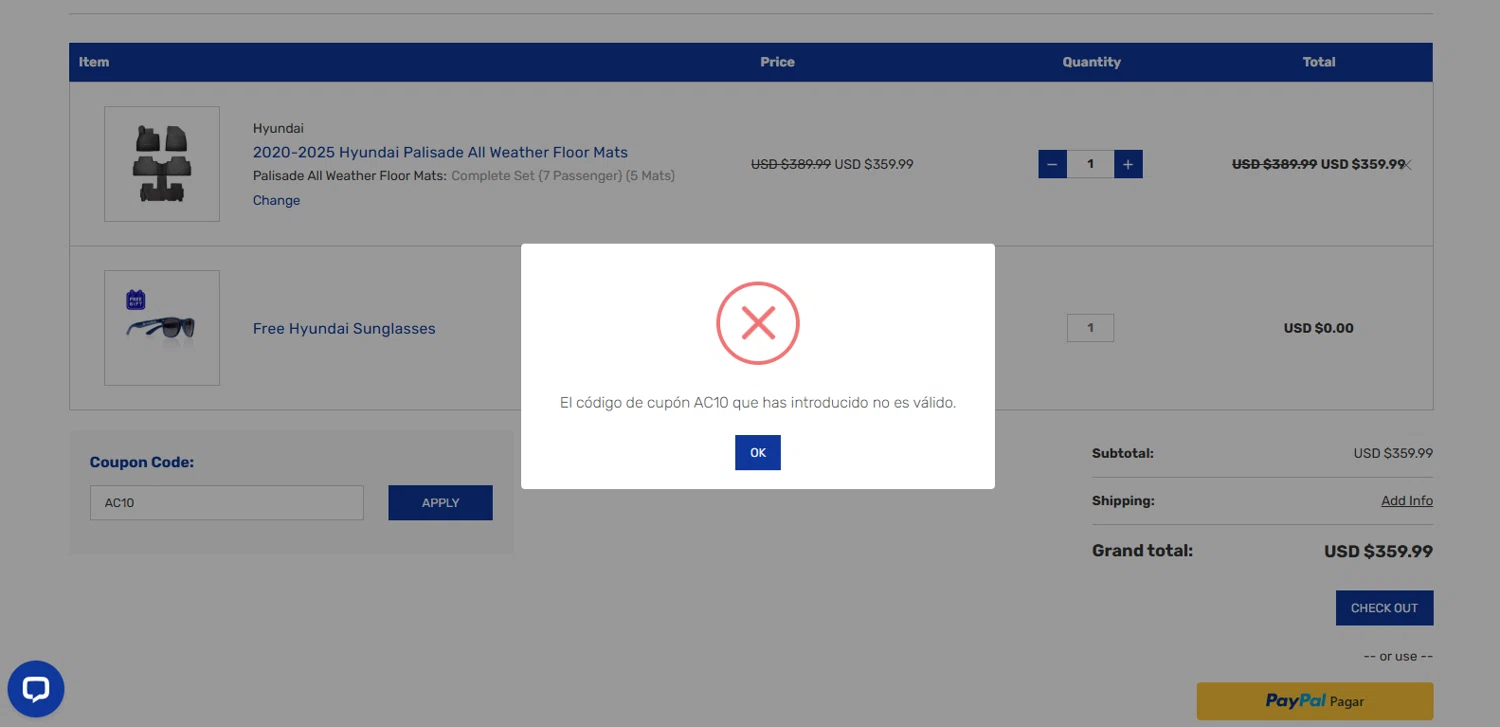 Hyundai Shop coupon code screenshot showing code AC10 applied at Hyundai Shop checkout page. Uploaded by SimplyCodes community member IronHorse on Dec 24, 2025