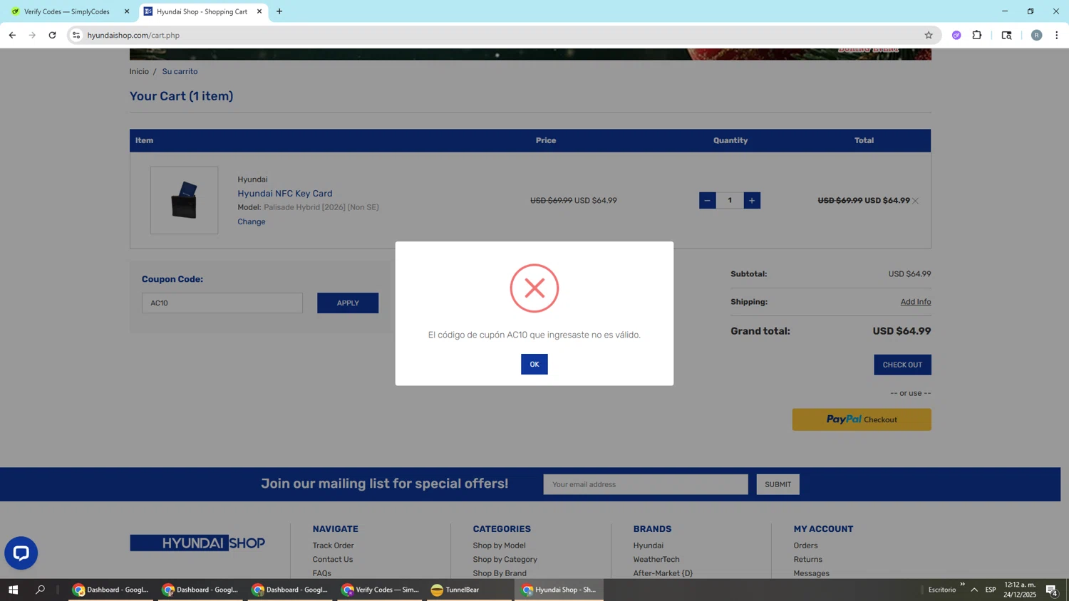Hyundai Shop coupon code screenshot showing code AC10 applied at Hyundai Shop checkout page. Uploaded by SimplyCodes community member Piolin on Dec 24, 2025
