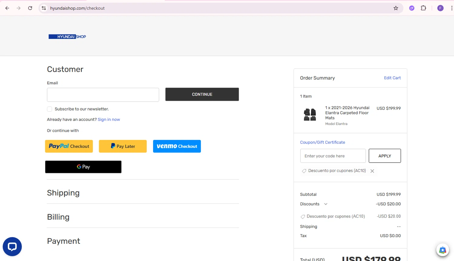 Hyundai Shop checkout page showing Hyundai Shop coupon code box | Screenshot taken by SimplyCodes community member on Feb 20, 2026