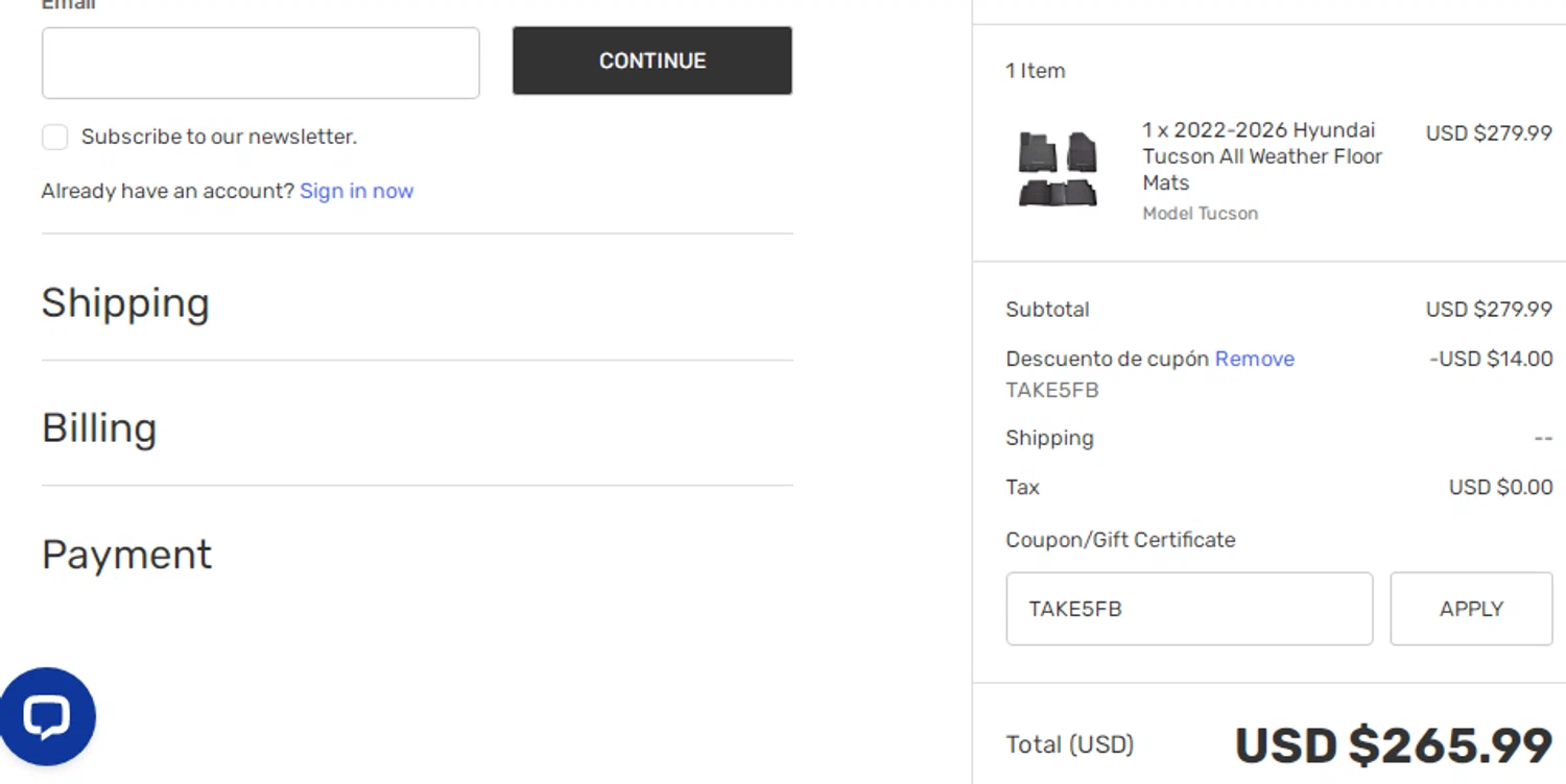 Hyundai Shop coupon code screenshot showing code TAKE5FB applied at Hyundai Shop checkout page. Uploaded by SimplyCodes community member taylersmith on Oct 31, 2025
