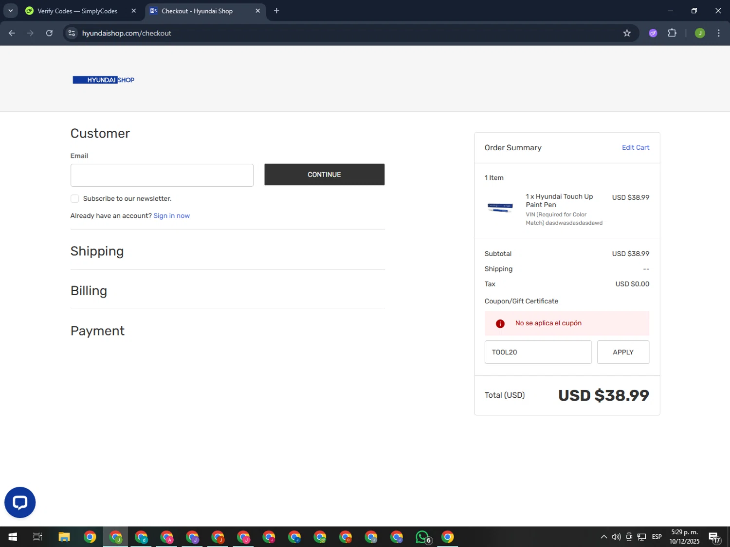 Hyundai Shop checkout page showing Hyundai Shop coupon code box | Screenshot taken by SimplyCodes community member on Dec 10, 2025