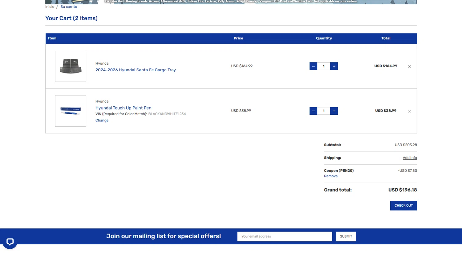 Hyundai Shop checkout page showing Hyundai Shop coupon code box | Screenshot taken by SimplyCodes community member on Dec 12, 2025