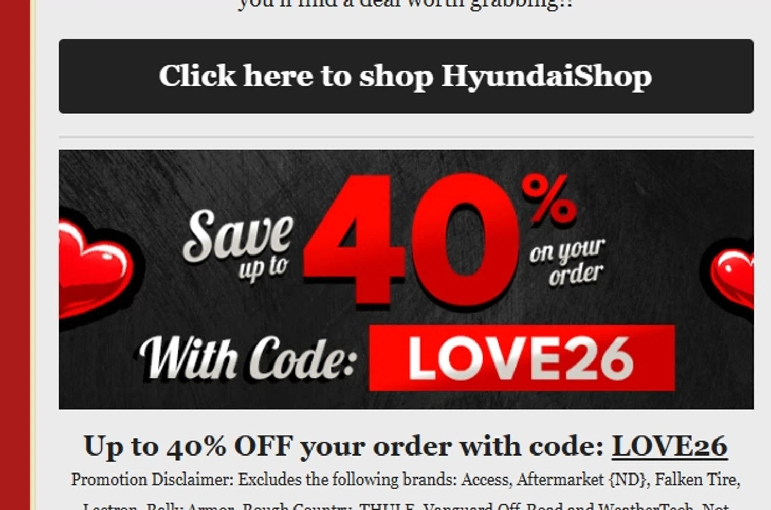Hyundai Shop coupon code screenshot showing code LOVE26 applied at Hyundai Shop checkout page. Uploaded by SimplyCodes community member Mdeoca on Feb 13, 2026