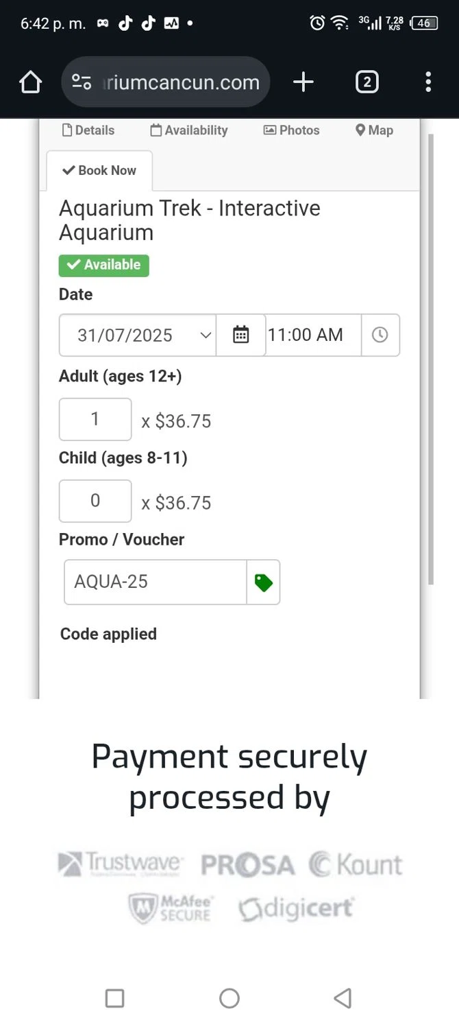 Interactive Aquarium Cancun promo code screenshot showing code AQUA-25 applied at Interactive Aquarium Cancun checkout page. Uploaded by SimplyCodes community member billgates0997923425561 on Jul 30, 2025