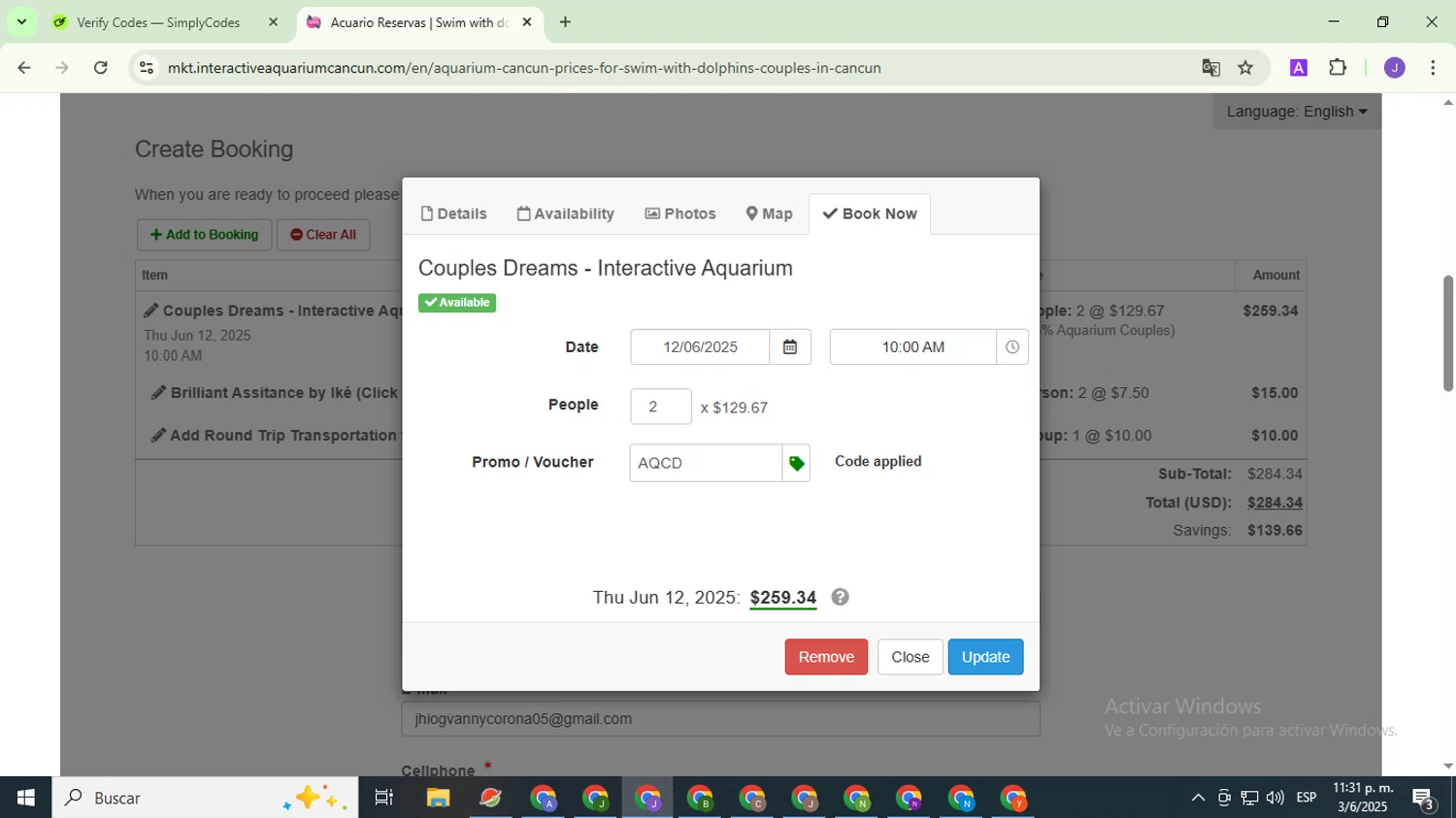 Interactive Aquarium Cancun promo code screenshot showing code AQCD applied at Interactive Aquarium Cancun checkout page. Uploaded by SimplyCodes community member PromoHunter9043 on Jun 4, 2025