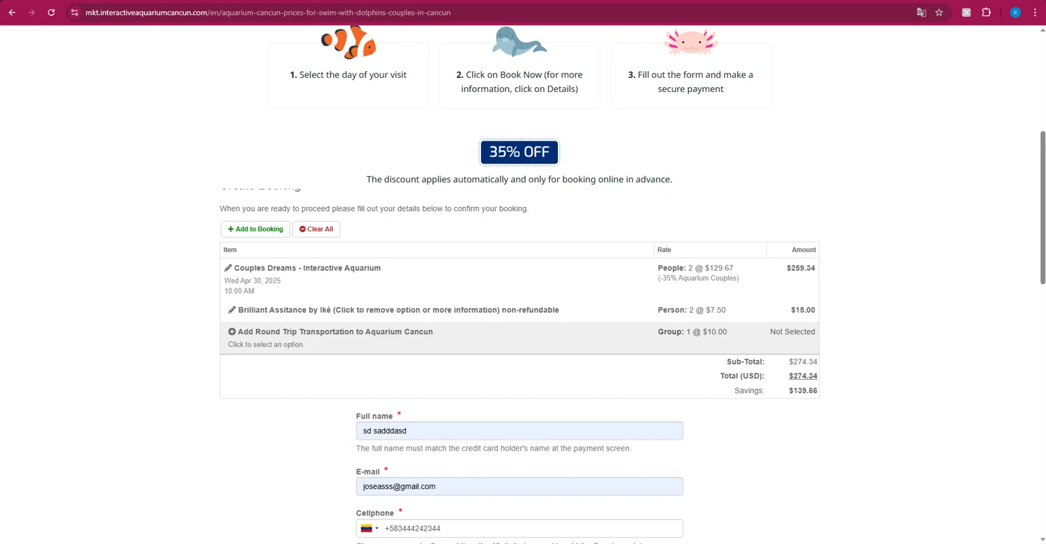 Interactive Aquarium Cancun promo code screenshot showing code 10off applied at Interactive Aquarium Cancun checkout page. Uploaded by SimplyCodes community member Turiderss on Apr 16, 2025