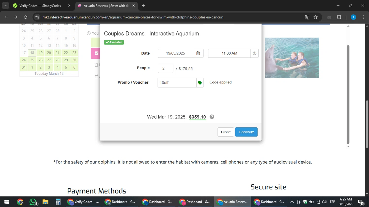 Interactive Aquarium Cancun promo code screenshot showing code 10off applied at Interactive Aquarium Cancun checkout page. Uploaded by SimplyCodes community member hankt1521 on Mar 18, 2025