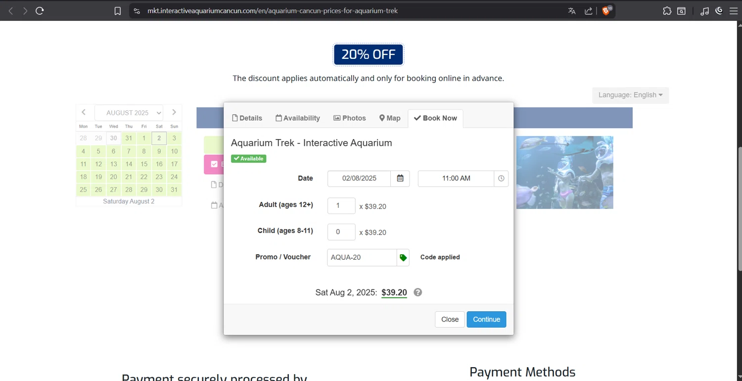 Interactive Aquarium Cancun promo code screenshot showing code AQUA-25 applied at Interactive Aquarium Cancun checkout page. Uploaded by SimplyCodes community member juanvargas1 on Jul 30, 2025