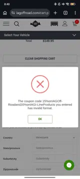 IAG Off-Road coupon verification screenshot