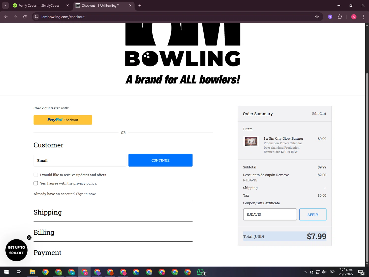I Am Bowling coupon code screenshot showing code RJDAVIS applied at I Am Bowling checkout page. Uploaded by SimplyCodes community member CrownHawk3462 on Aug 25, 2025