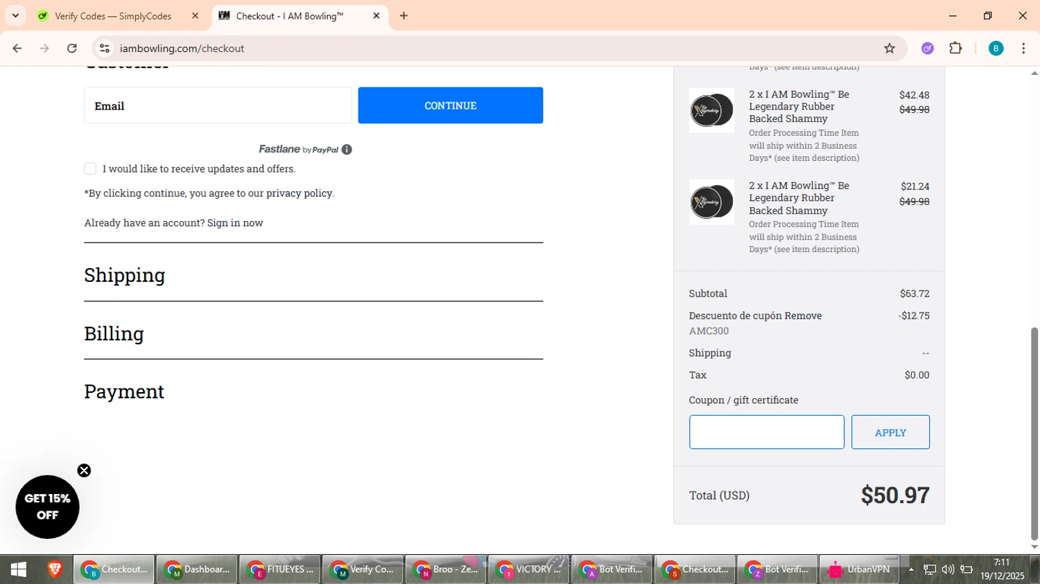 I Am Bowling coupon code screenshot showing code AMC300 applied at I Am Bowling checkout page. Uploaded by SimplyCodes community member QuestScholar5572 on Dec 19, 2025