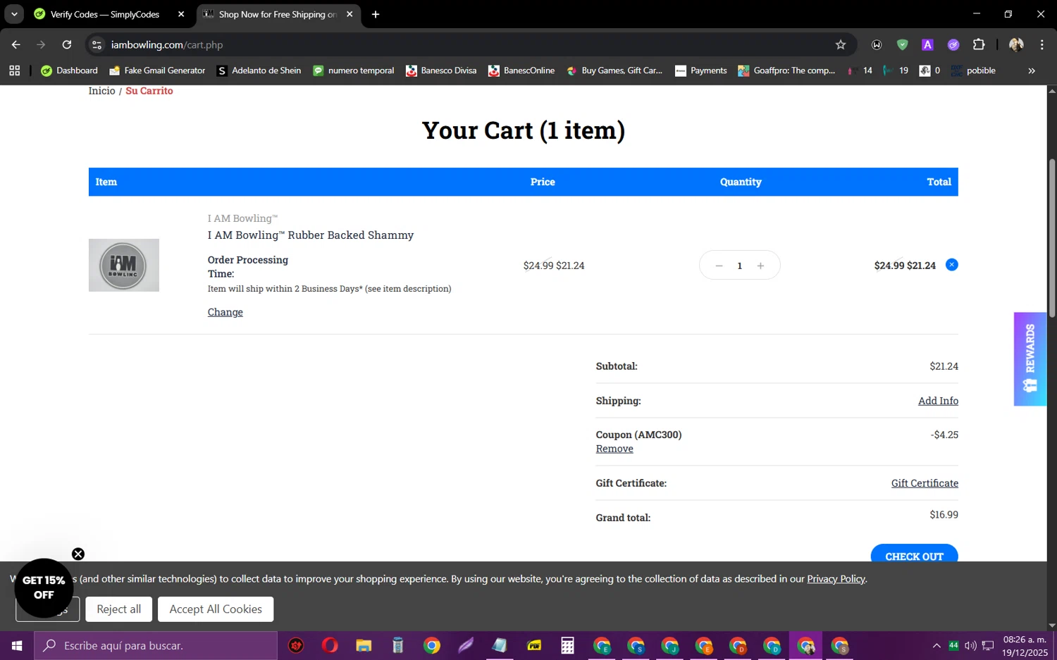 I Am Bowling coupon code screenshot showing code AMC300 applied at I Am Bowling checkout page. Uploaded by SimplyCodes community member jeysosmoore on Dec 19, 2025