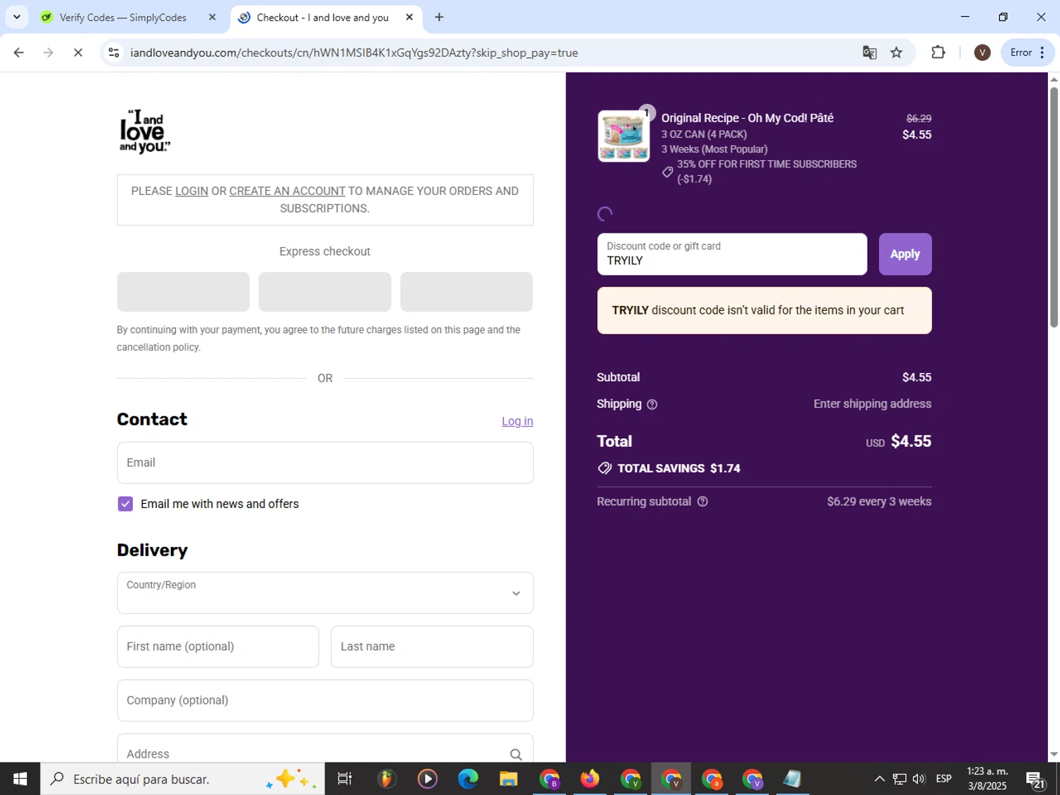 I and Love and You discount code screenshot showing code TRYILY applied at I and Love and You checkout page. Uploaded by SimplyCodes community member CashLion3448 on Aug 3, 2025