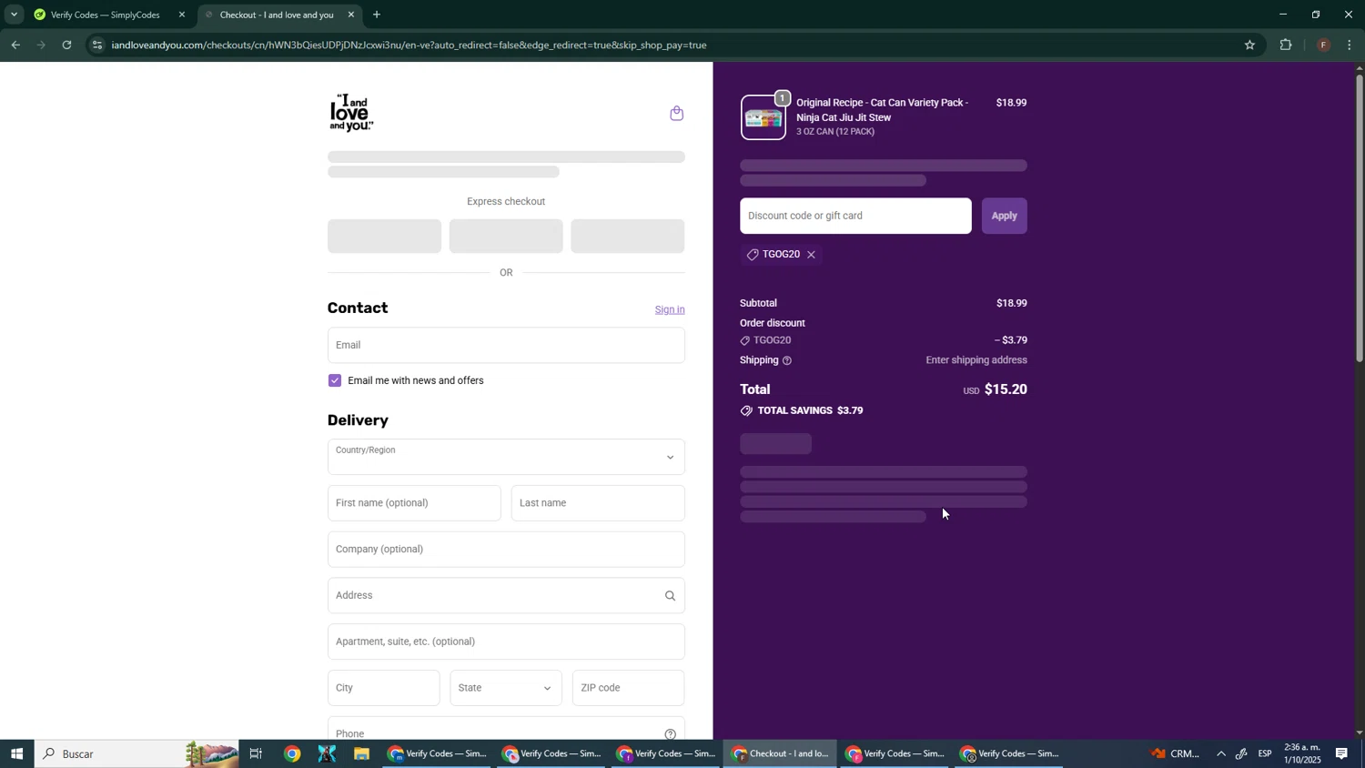 I and Love and You discount code screenshot showing code TGOG20 applied at I and Love and You checkout page. Uploaded by SimplyCodes community member Pirlo420 on Oct 1, 2025